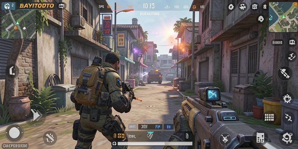 Screenshot gameplay BAYITOTO dengan aksi tembak menembak yang intens.