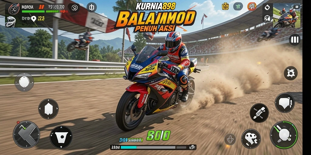 Tampilan gameplay balapan motor yang mendebarkan di KURNIA898.